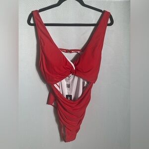 AIMAGE Red One Piece Swimsuit XXL Cut Out Twist Front Ruched Tummy Control NWT